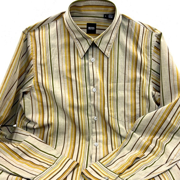 BOSS HUGO BOSS MENS LONG SLEEVES SIZE M, DARK TAN BASE WITH BROWN & GREEN LINES - Picture 5 of 15